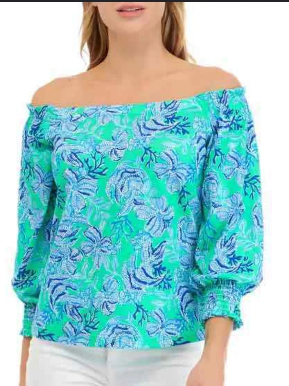 Lilly Pulitzer Aqua and Blue Off-Shoulder Floral Blouse